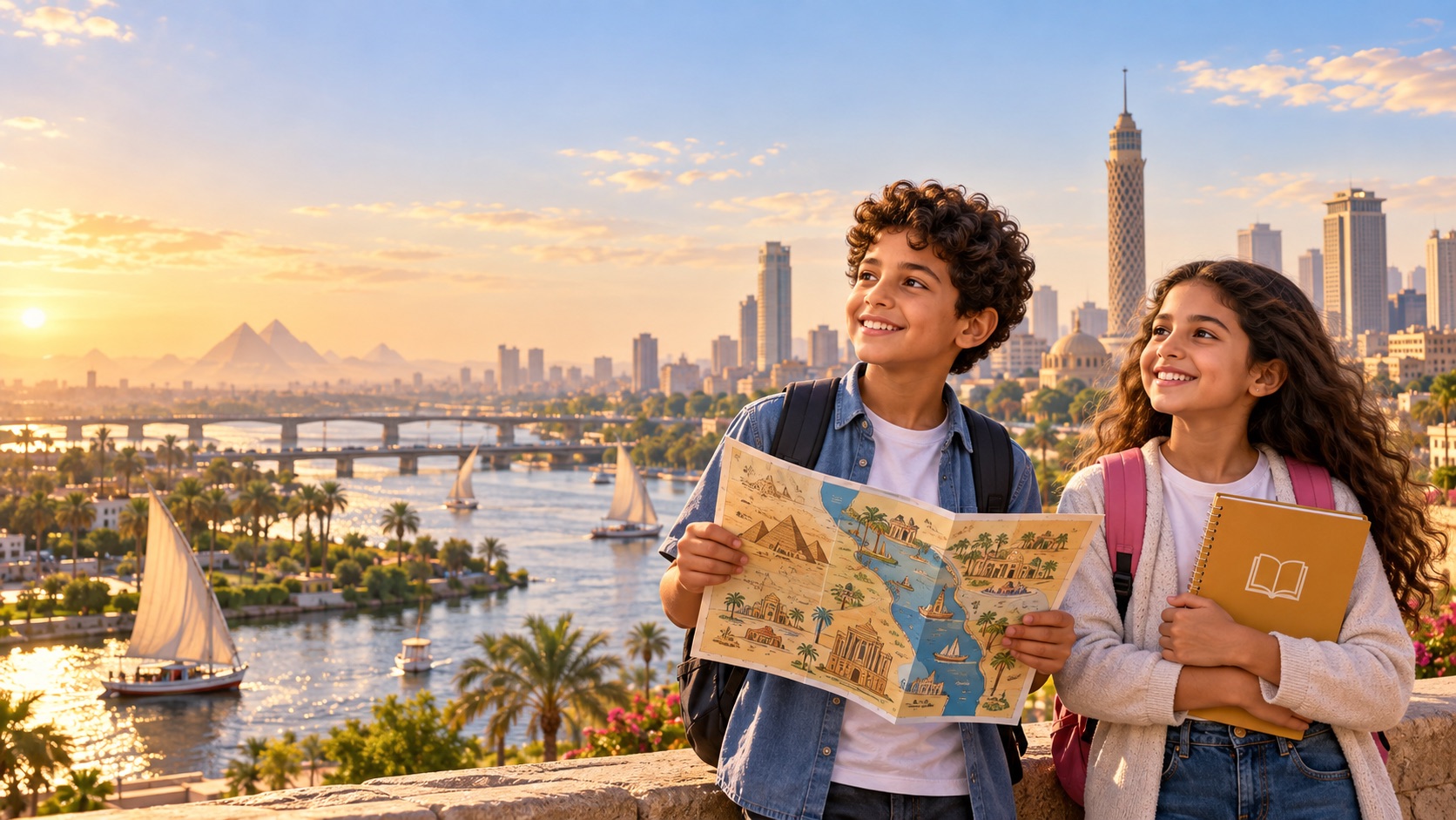 Egyptian children exploring Cairo and the Nile with a map